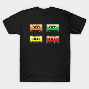 Mixtapes Pack. Set of Four Retro Cassette Mix Tapes in Vintage Colors. Slow Songs, Your Faves, Old School and Dance Tracks. (Black Background) T-Shirt